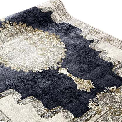 Carpet detail with a round decorative medallion in cream, surrounded by dark blue and gold