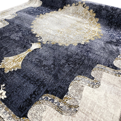 Rug surface with dark blue, a large cream circular motif, and golden ornamental elements