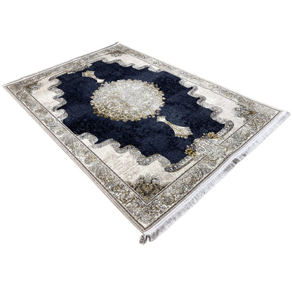 Rug 170x240 cm with a dark blue pattern, silver-gold medallion, and fringes