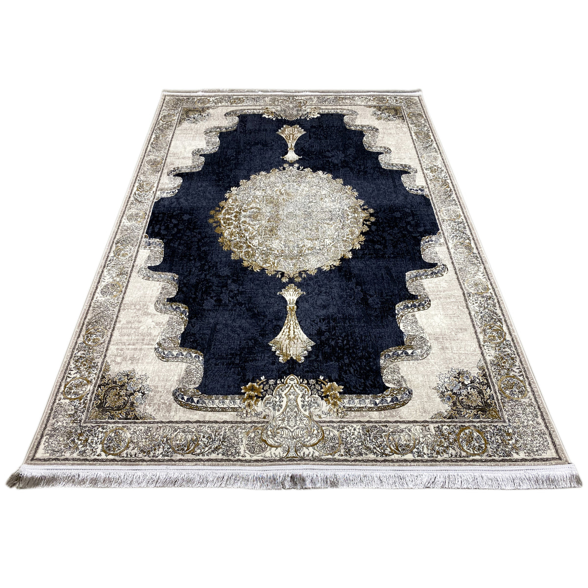 Rug 170x240 cm, front view: dark blue, silver ornaments, central gold pattern