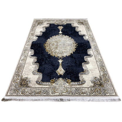 Rug 170x240 cm, front view: dark blue, silver ornaments, central gold pattern