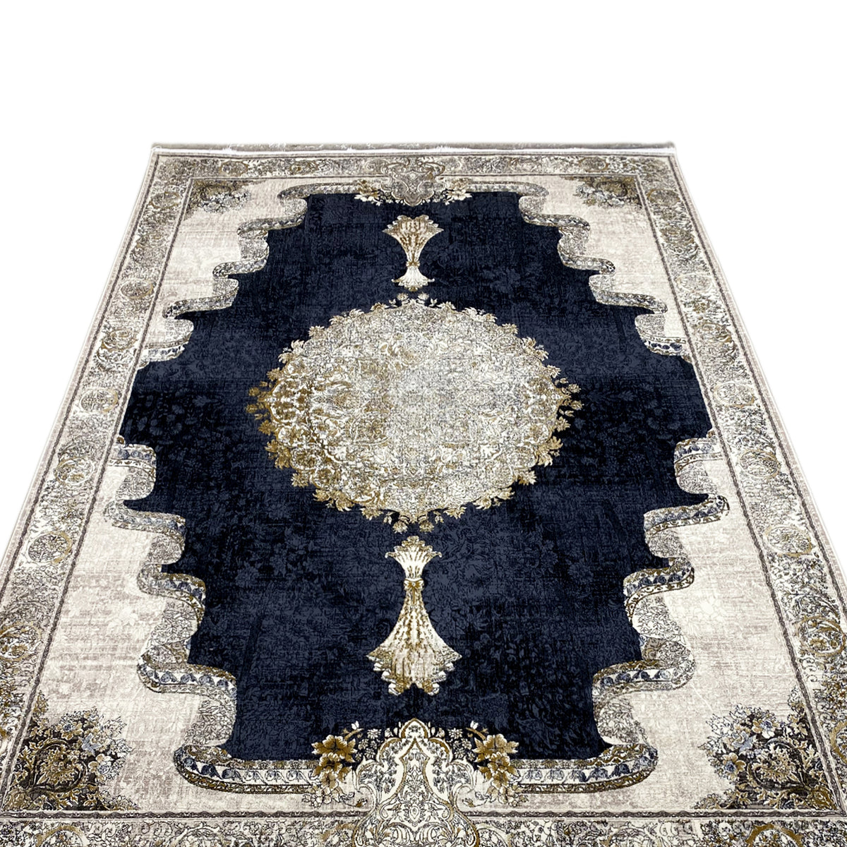 Rug 170x240 cm with a central circular ornament, dark blue field, and decorative border