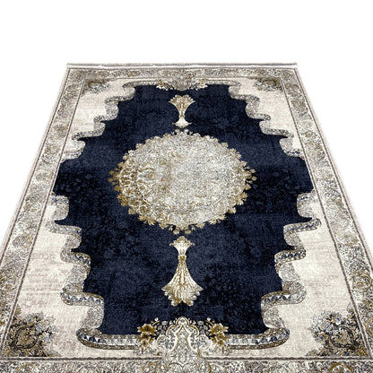 Rug 170x240 cm with a central circular ornament, dark blue field, and decorative border