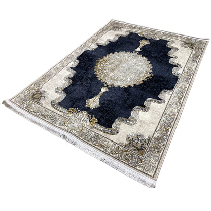 Rug 170x240 cm, angled: dark blue, silver-gold border and fringes along the edge
