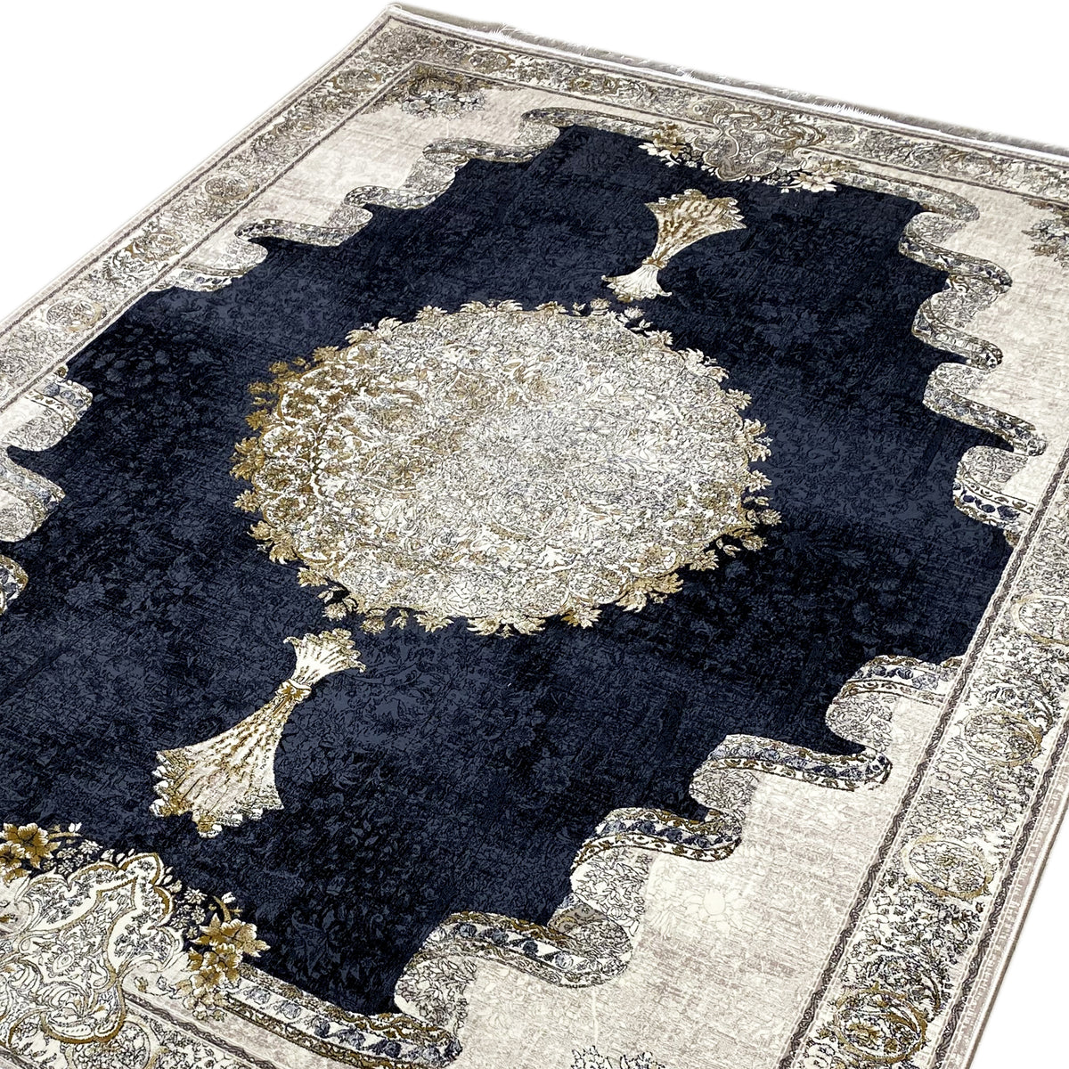 Rug 170x240 cm close-up: dark blue background with a silver-gold medallion
