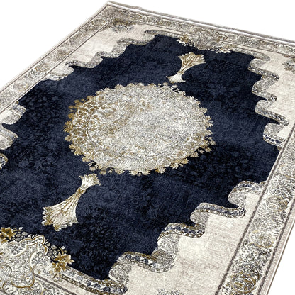 Rug 170x240 cm close-up: dark blue background with a silver-gold medallion