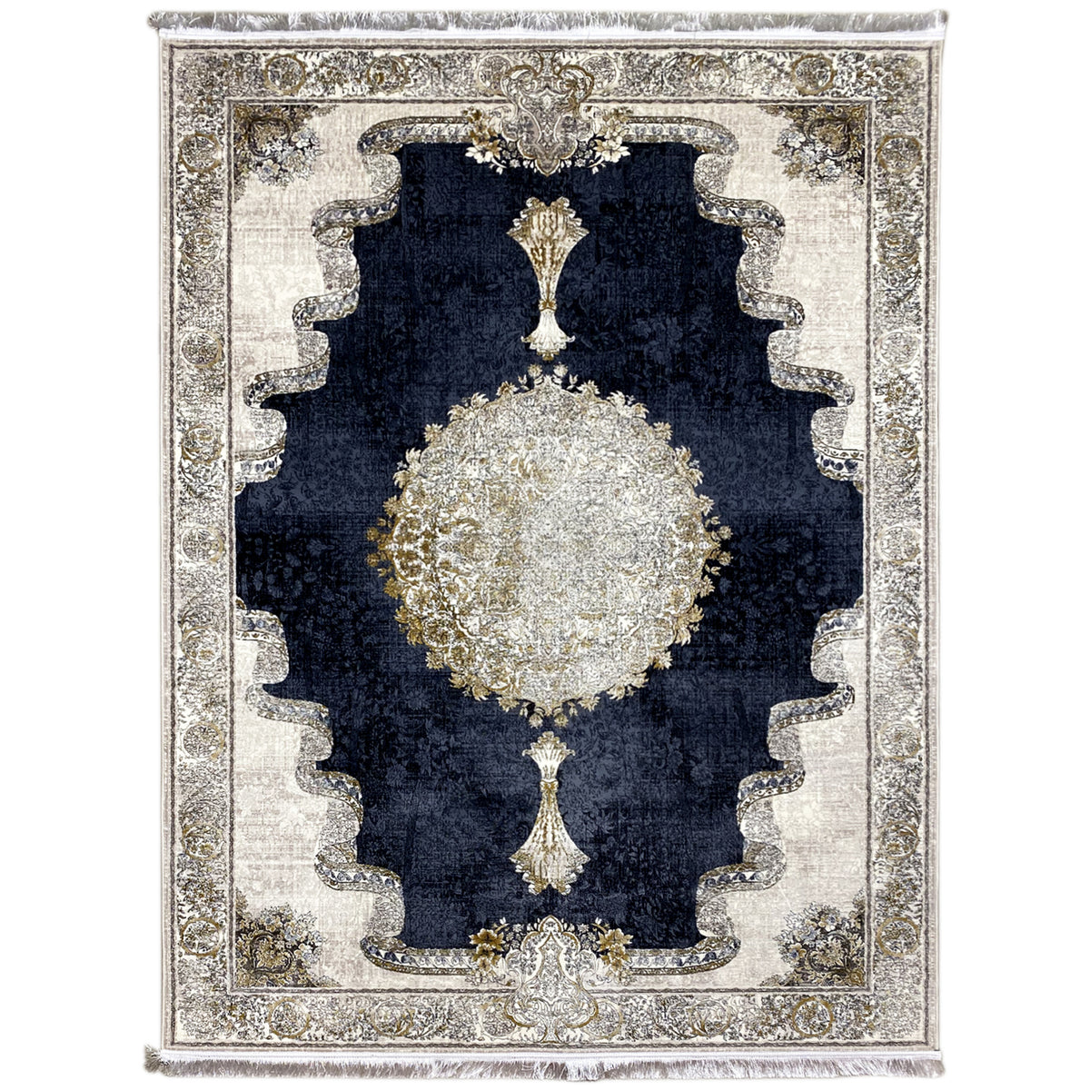 Rug 170x240 cm with a dark blue field, silver-gold ornamental medallion, and border