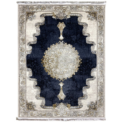 Rug 170x240 cm with a dark blue field, silver-gold ornamental medallion, and border