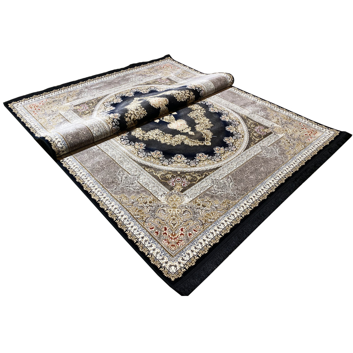 Rug with a dark center, silver-gold border, and rolled-up look