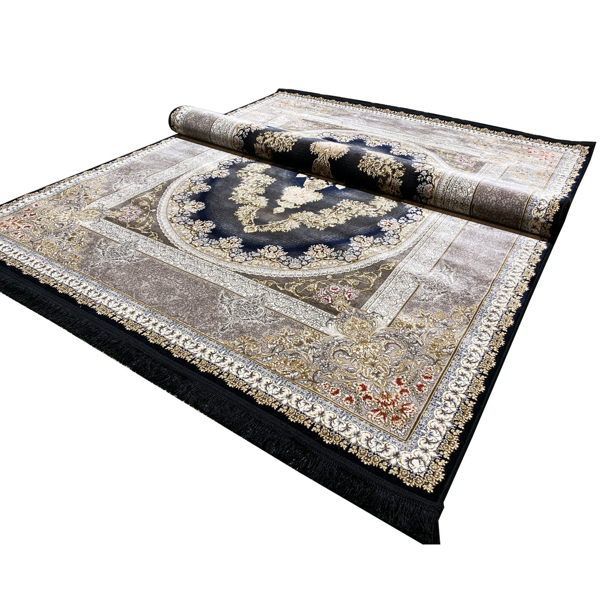 Rolled rug with a large medallion, silver stripes, and gold embellishments