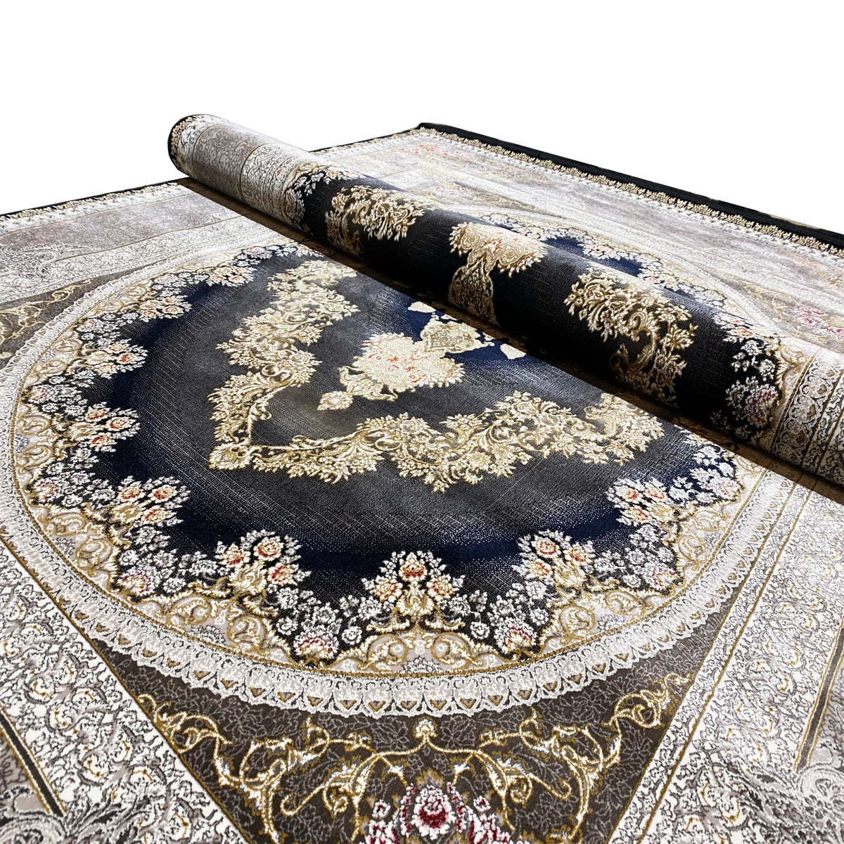 Rug with a dark background and a large gold-and-silver ornament, rolled version