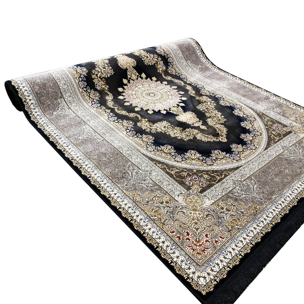 Rug in dark blue/black with silver border lines and gold details, rolled