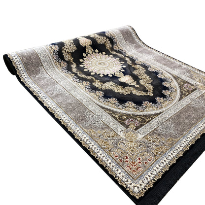 Rug in dark blue/black with silver border lines and gold details, rolled