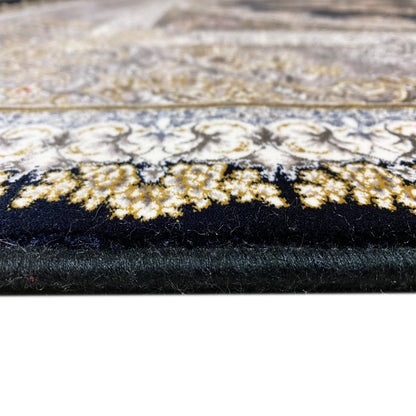 Close-up of the carpet: pile with a dark base and a gold-silver pattern along the edge