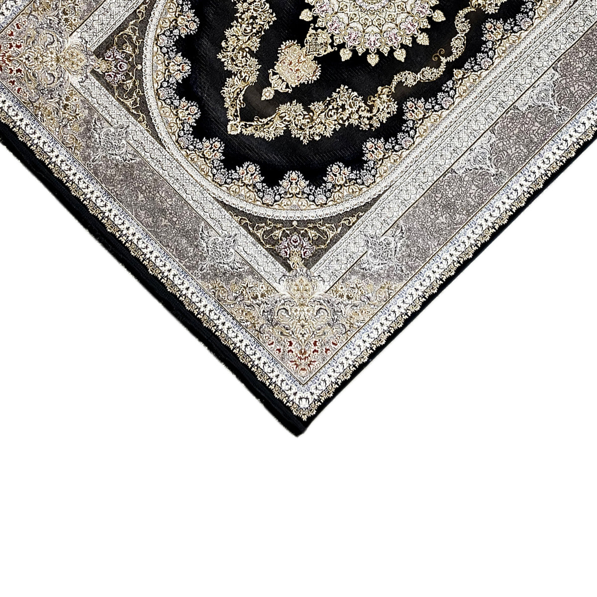 Carpet corner with a dark border, silver frame, and golden ornaments in the pattern