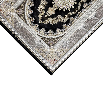Carpet corner with a dark border, silver frame, and golden ornaments in the pattern