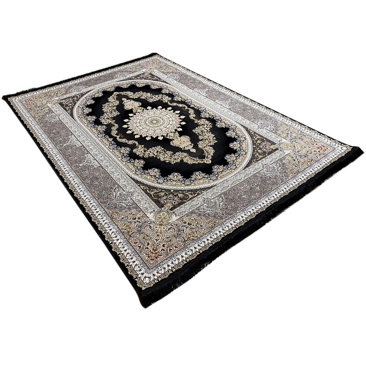 Rug with a dark blue-black background, silver border lines, and a gold center