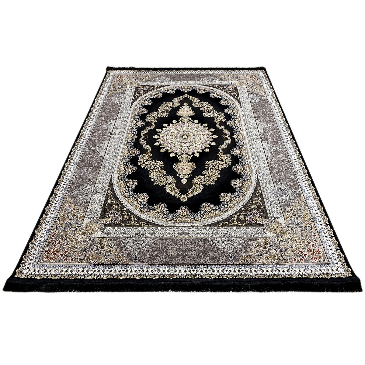 Flat rug: dark medallion in gold with a silver border and decorative trim