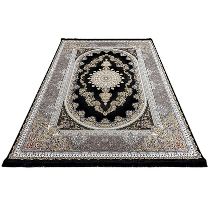 Flat rug: dark medallion in gold with a silver border and decorative trim