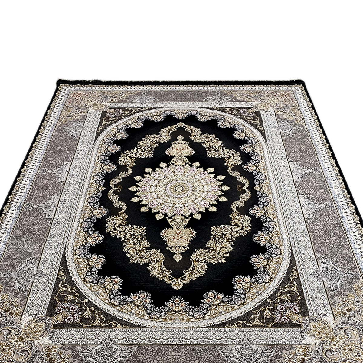 Rug with an oriental medallion pattern, black with a silver-gray decorative border