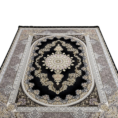 Rug with an oriental medallion pattern, black with a silver-gray decorative border