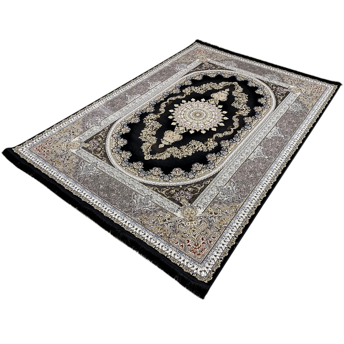 Rectangular rug with borders and medallion, black and gray with a gold-colored ornament