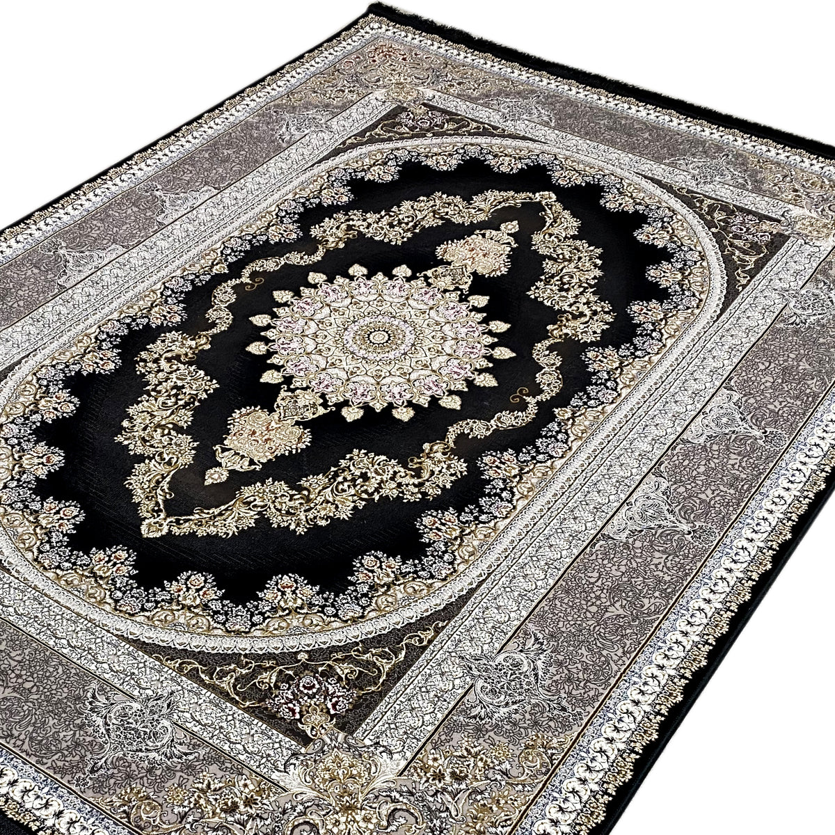 Rectangular rug with a large ornamental medallion, black with a silver-gray border