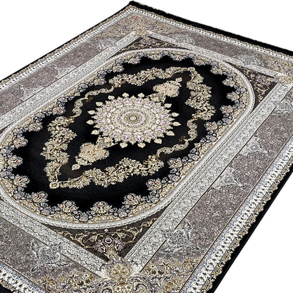 Rectangular rug with a large ornamental medallion, black with a silver-gray border