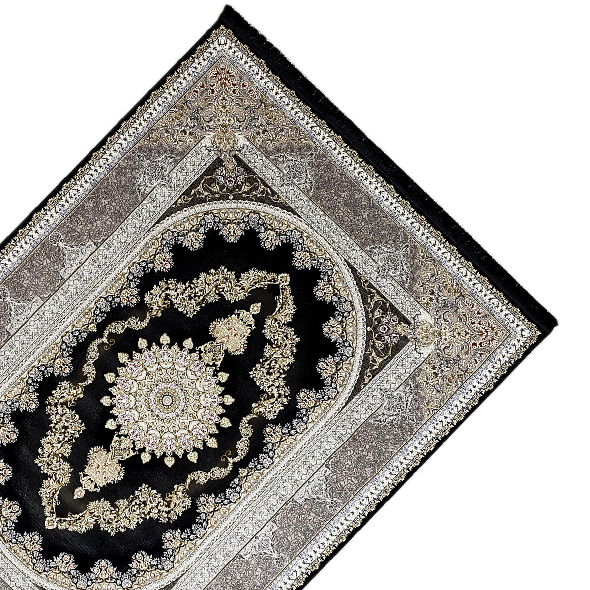 Rug with vintage border and medallion, black, silver gray and gold-colored