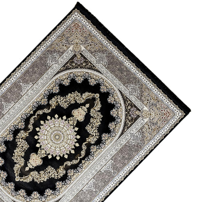 Rug with vintage border and medallion, black, silver gray and gold-colored