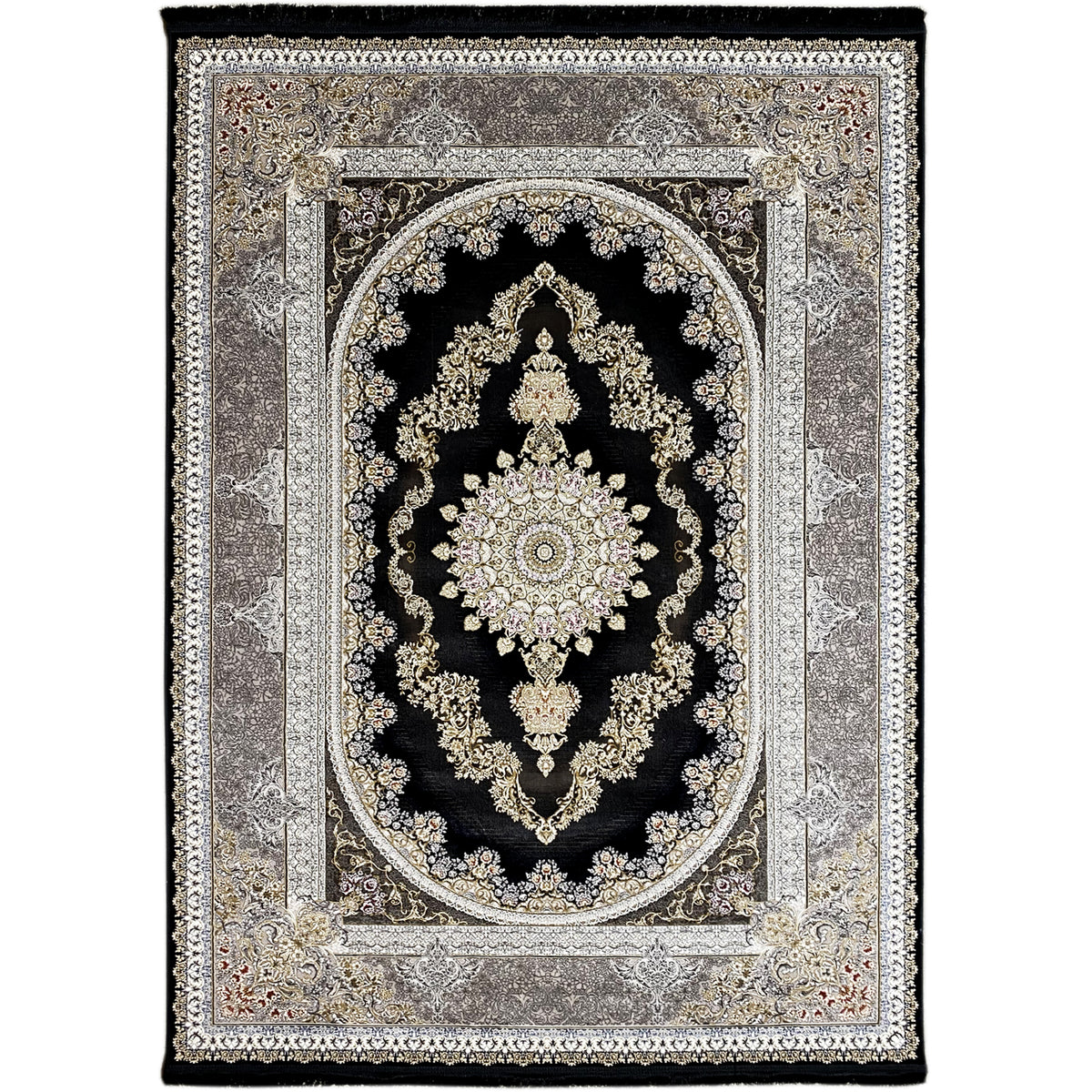 Square rug with a dark center, silver decorative borders, and gold ornaments