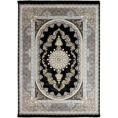 Square rug with a dark center, silver decorative borders, and gold ornaments