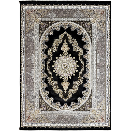 Square rug with a dark center, silver decorative borders, and gold ornaments