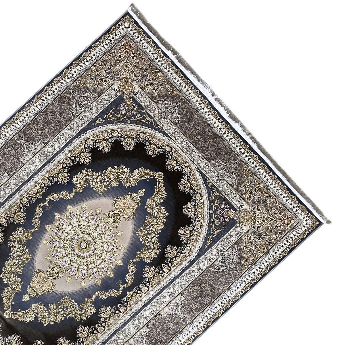 Oriental rug 170x240 cm, diagonal view with medallion and embossed decorative borders in gold