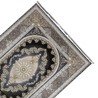 Oriental rug 170x240 cm, diagonal view with medallion and embossed decorative borders in gold