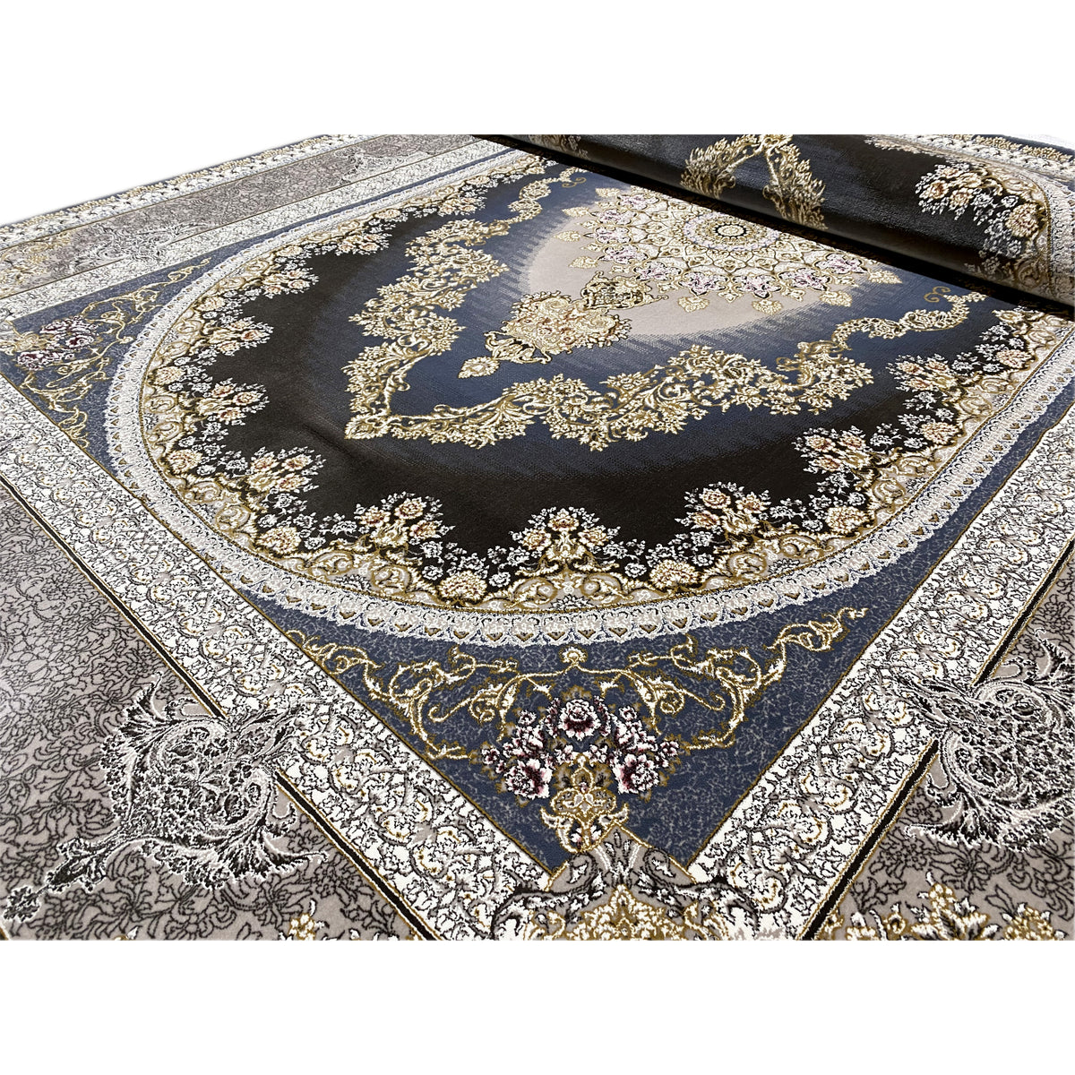 Rug 170x240 cm with a dark blue field, golden ornaments, and a silver border