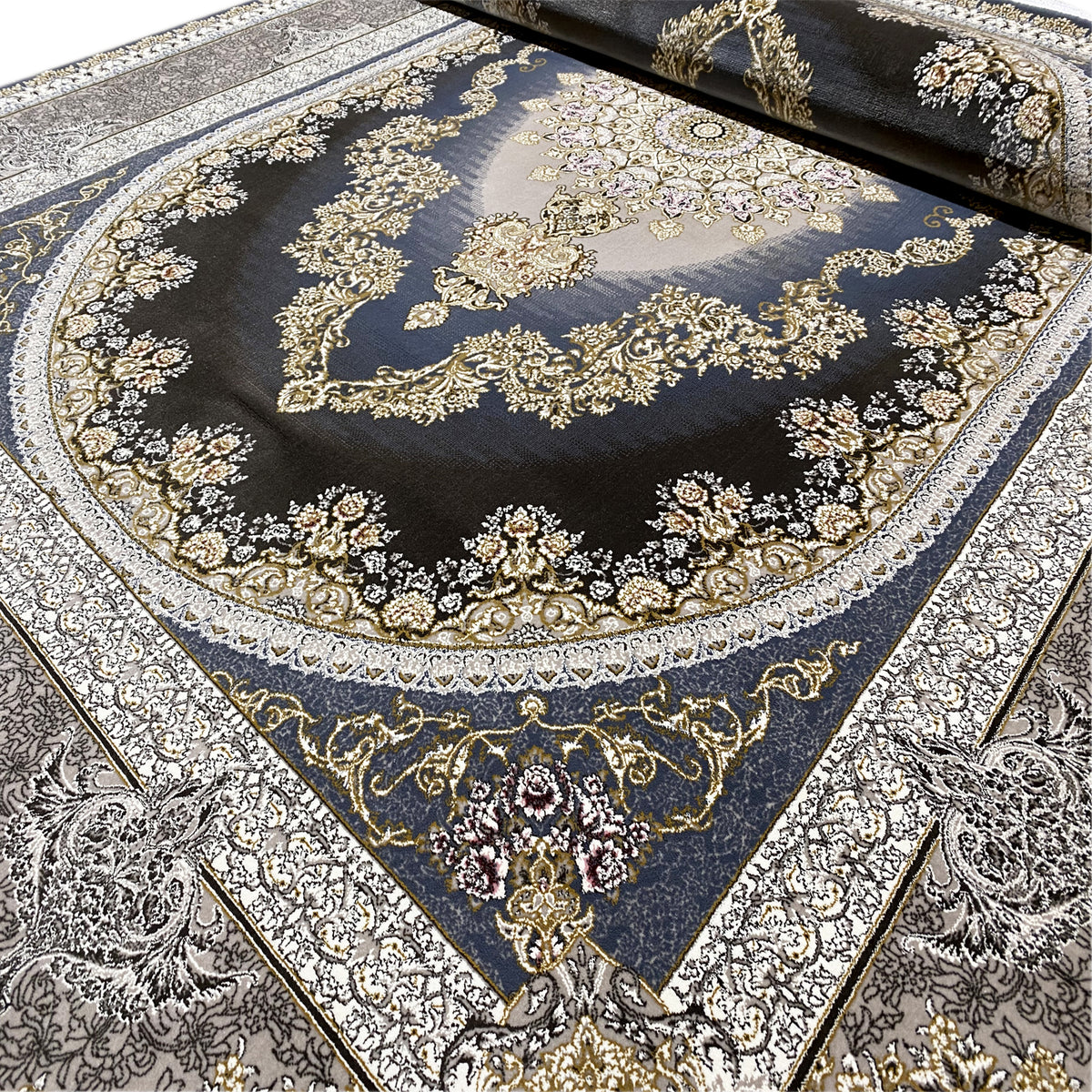 Rug 170x240 cm with a dark blue medallion, gold-embellished Baroque motifs, and border