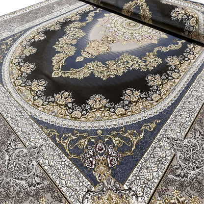 Rug 170x240 cm with a dark blue medallion, gold-embellished Baroque motifs, and border
