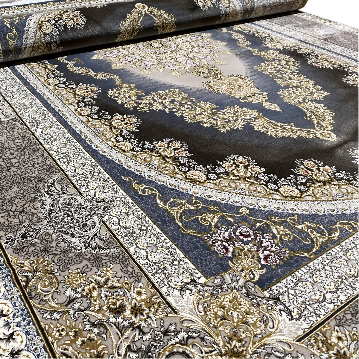 Rug 170x240 cm with a blue central pattern, golden rows of ornaments, and a dark border