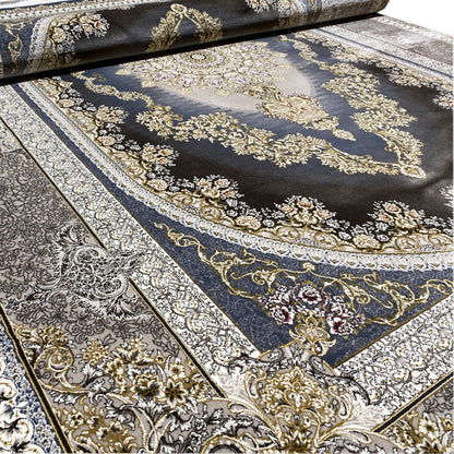 Rug 170x240 cm with a blue central pattern, golden rows of ornaments, and a dark border