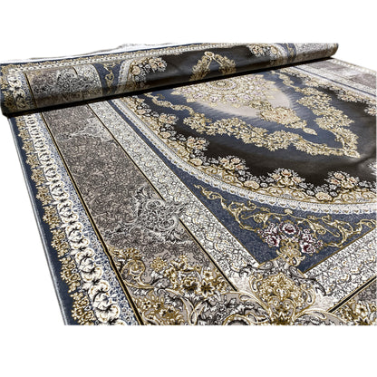Rolled 170x240 cm rug: dark blue with silver arabesques and gold accents