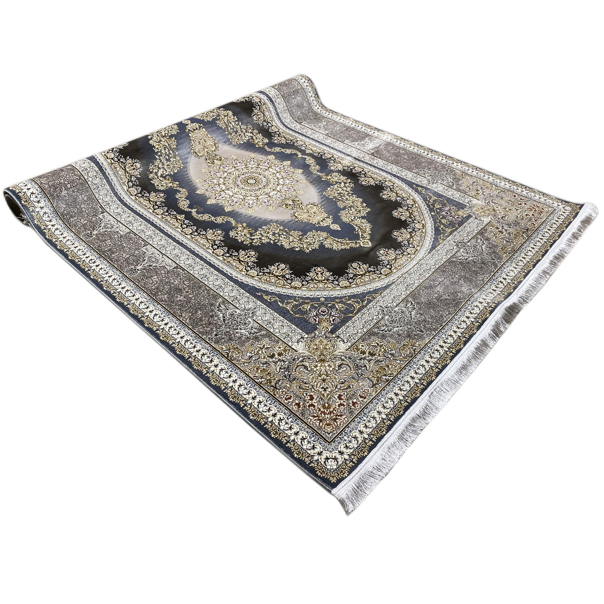 Rug 170x240 cm with dark blue medallion and gold ornamental border