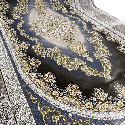 Rug 170x240 cm detailed view with gold garlands, a dark blue background, and a silver border