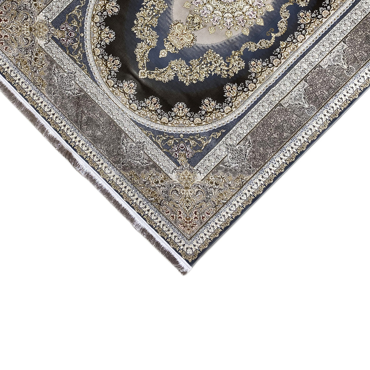Oriental rug 170x240 cm with a dark blue center, silver lines, a floral gold pattern, and fringes