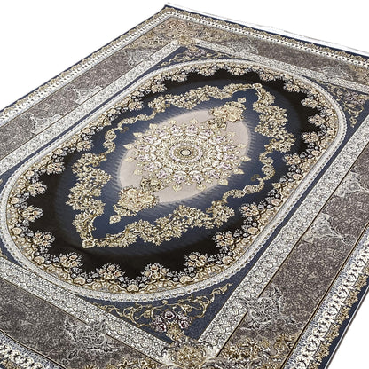 Oriental rug 170x240 cm close-up: medallion with delicate gold ornaments on dark blue