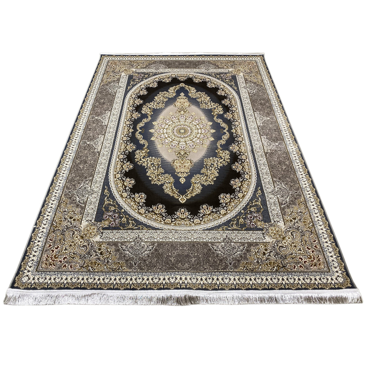 Oriental rug 170x240 cm with a framed medallion in dark blue and a gold-silver ornamental border