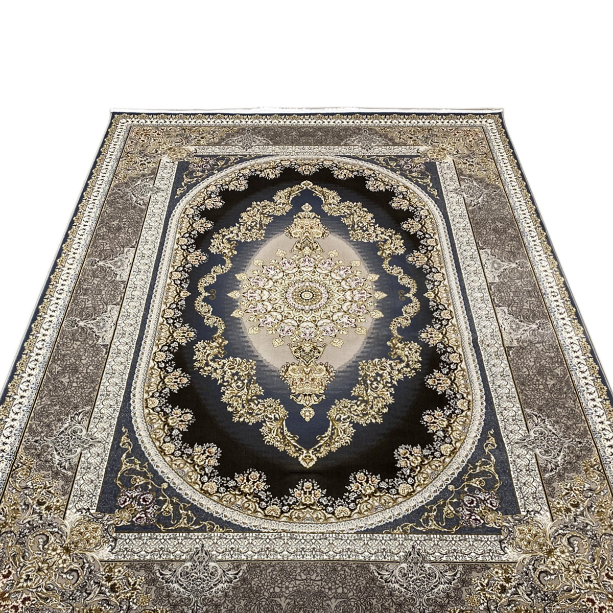 Oriental rug 170x240 cm front: round medallion, dark blue background, gold embellishments
