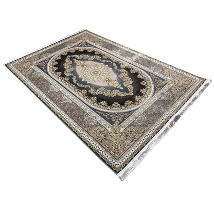 Oriental rug 170x240 cm, angled: dark blue medallion, golden patterns, silver decorative lines, fringes