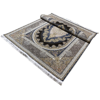 Oriental rug 170x240 cm with rolled-up area, silver and gold border, dark blue pattern