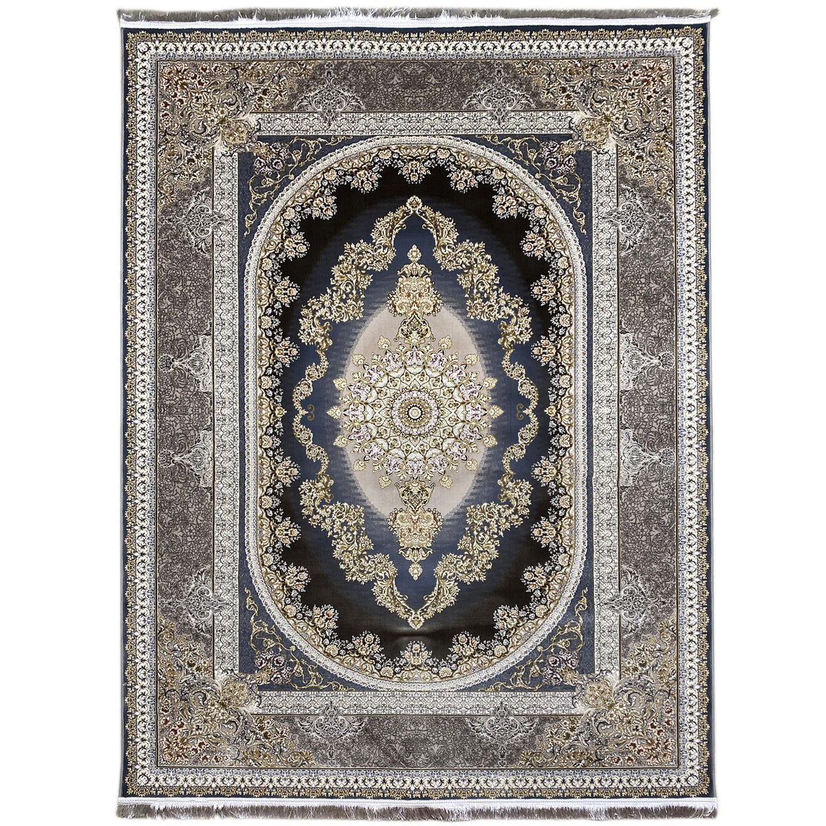Oriental rug 170x240 cm with an oval medallion, dark blue background, and gold ornaments